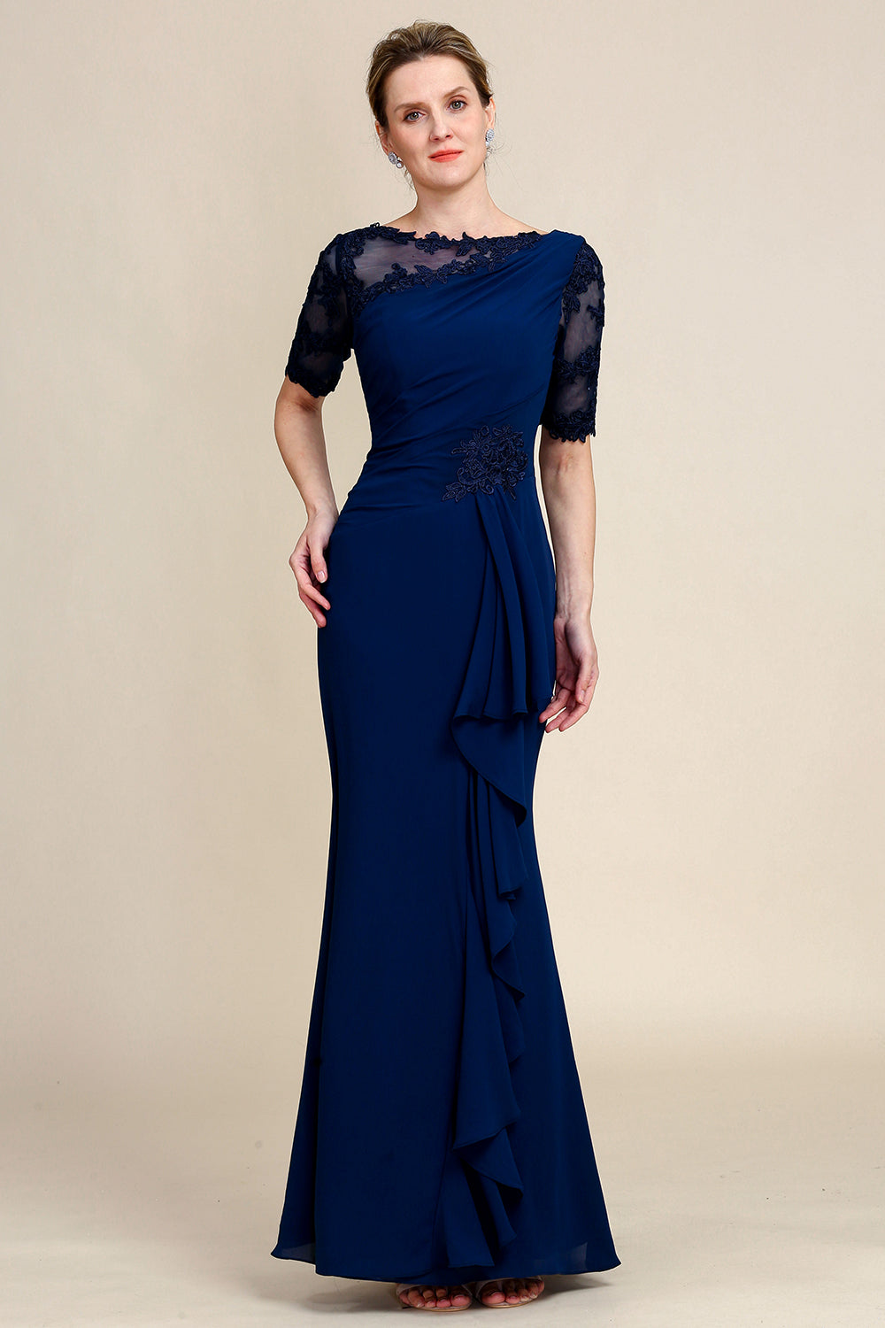 Wedtrend Women Navy Sheath Floor Length Mother of Bride Dress Sheath Short Sleeves Wedding Party Dress with Appliques, Navy / US8