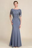 Grey Blue Mermaid Floor Length Chiffon Mother of Bride Dress With Appliques