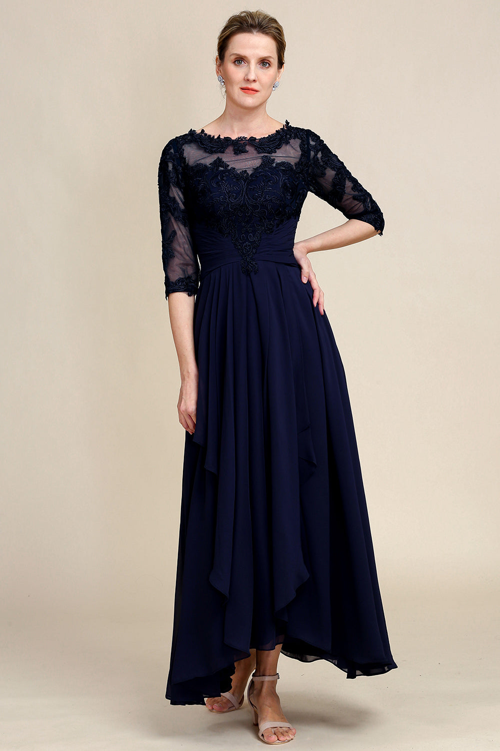 Asymmetrical Appliques Long Mother of Bride Dress with Half Sleeves