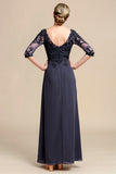 Grey Blue Round Neck A Line Long Chiffon Mother Of Bride Dress With Beading