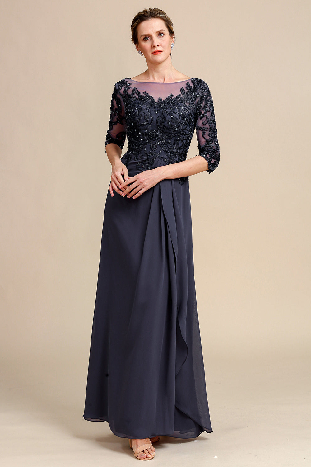 Grey Blue Round Neck A Line Long Chiffon Mother Of Bride Dress With Beading