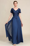 Grey Blue A Line V Neck Long Mother of Bride Dress with Appliques