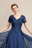 Grey Blue A Line V Neck Long Mother of Bride Dress with Appliques