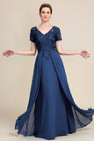 Grey Blue A Line V Neck Long Mother of Bride Dress with Appliques