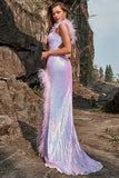 Light Purple Mermaid Sweetheart Sequins Prom Dress with Feather