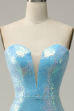 Light Blue Mermaid Sweetheart Sequins Long Prom Dress with Feather