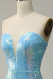 Light Blue Mermaid Sweetheart Sequins Long Prom Dress with Feather
