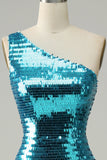 Sparkly Blue Sequins One Shoulder Long Prom Dress with Slit