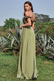 Army Green A Line Sheath Off the Shoulder Long Bridesmaid Dress with Slit