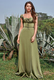 Army Green A Line Sheath Off the Shoulder Long Bridesmaid Dress with Slit