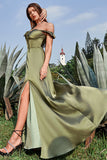 Army Green A Line Sheath Off the Shoulder Long Bridesmaid Dress with Slit