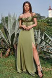 Army Green A Line Sheath Off the Shoulder Long Bridesmaid Dress with Slit