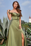 Army Green A Line Off the Shoulder Wedding Guest Dress with Slit