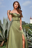 Army Green A Line Sheath Off the Shoulder Long Bridesmaid Dress with Slit