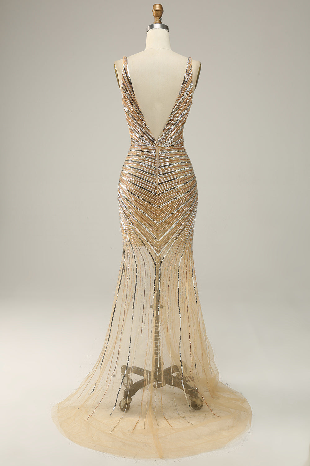 Golden Sheath V Neck Sequins Long Prom Dress with Open Back