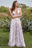 Ivory Purple A Line V-Neck Floral Printed Floor-Length Formal Dress With Slit