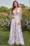 Ivory Purple A Line V-Neck Floral Printed Floor-Length Formal Dress With Slit