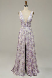 Ivory Purple A Line V-Neck Printed Prom Dress With Slit