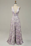 Ivory Purple A Line V-Neck Printed Prom Dress With Slit