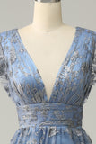 A Line Deep V Neck Grey Blue Plus Size Wedding Party Dress with Embroidery
