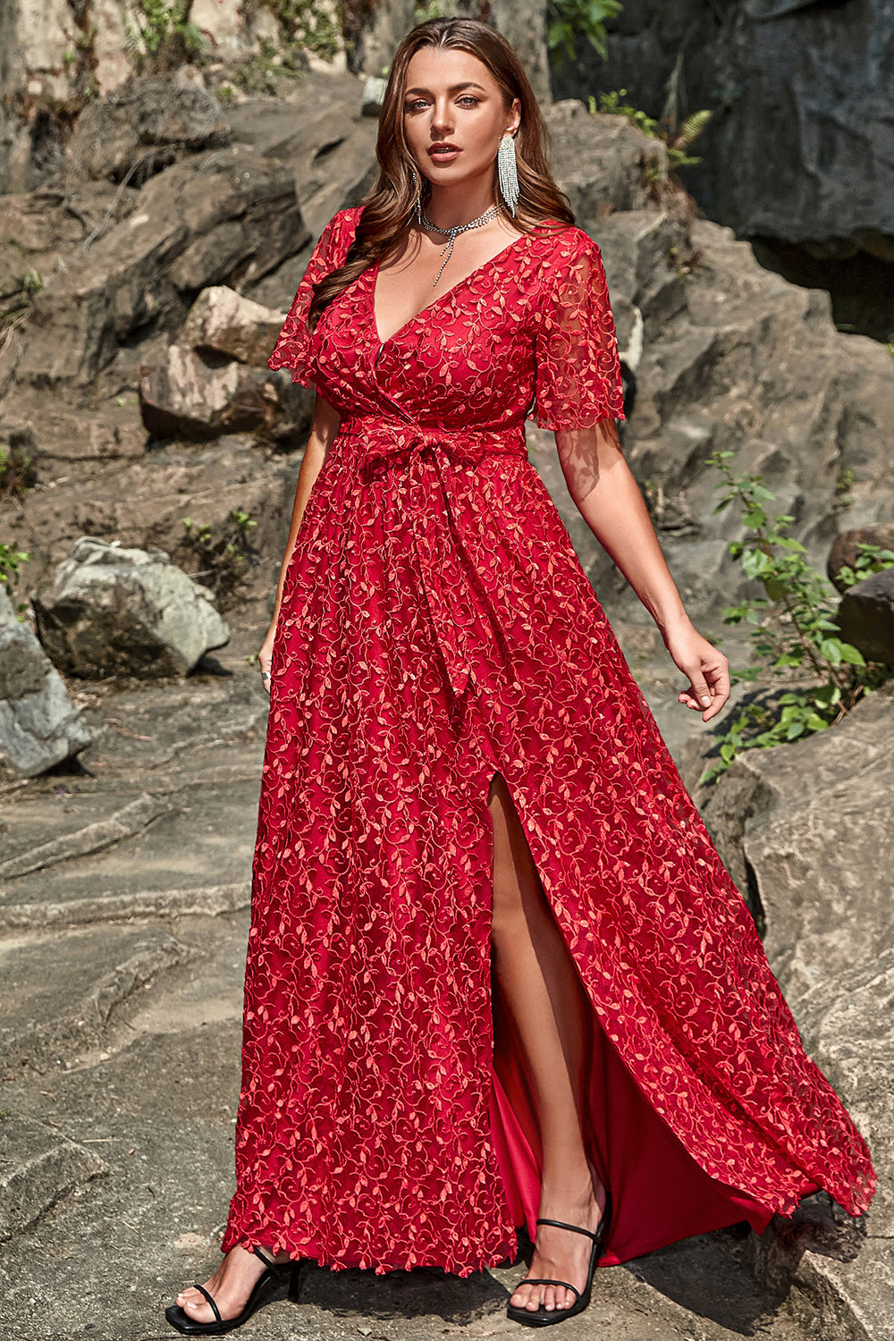 red bridesmaid dresses with sleeves Wedtrend Women Bridesmaids A-Line V Neck Short Sleeve Front Split Plus Size Bridesmaid Dress with Belt – WEDTREND