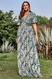 Green A Line V Neck Floral Printed Plus Size Dress with Short Sleeves