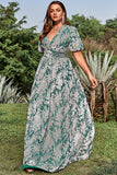 Green A Line V Neck Floral Printed Plus Size Dress with Short Sleeves