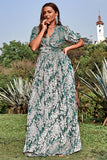 Green A Line V Neck Floral Printed Plus Size Dress with Short Sleeves