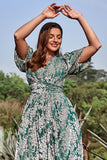 Green A Line V Neck Floral Printed Plus Size Dress with Short Sleeves