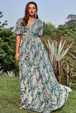 Green A Line V Neck Floral Printed Plus Size Dress with Short Sleeves