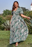 Green A Line V Neck Floral Printed Plus Size Dress with Short Sleeves