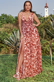 A Line V Neck Print Rust Plus Size Wedding Party Dress with Split Front