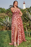 A Line V Neck Print Rust Plus Size Wedding Party Dress with Split Front