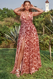 A Line V Neck Print Rust Plus Size Wedding Party Dress with Split Front