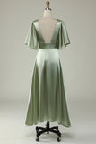 Light Green A Line Deep V Neck Bridesmaid Dress with Half Sleeves