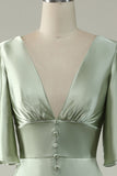 Light Green A Line Deep V Neck Bridesmaid Dress with Half Sleeves