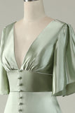 Light Green A Line Deep V Neck Bridesmaid Dress with Half Sleeves