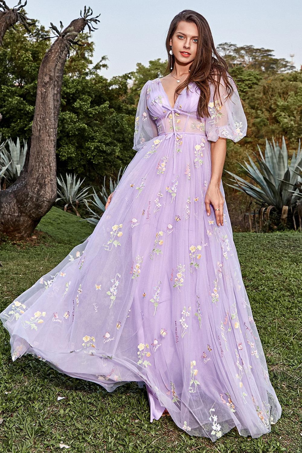 Wedtrend Women Lavender Prom Dress A-Line V-Neck Embroidery Long Formal Dress with Short Sleeves WEDTREND Wedtrend Women Lavender Prom Dress A-Line V-Neck Embroidery Long Formal Dress with Short Sleeves WEDTREND