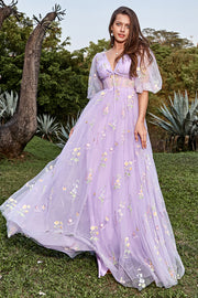 Lavender A-Line V-Neck Embroidery Floor Length Prom Dress with Short Sleeves