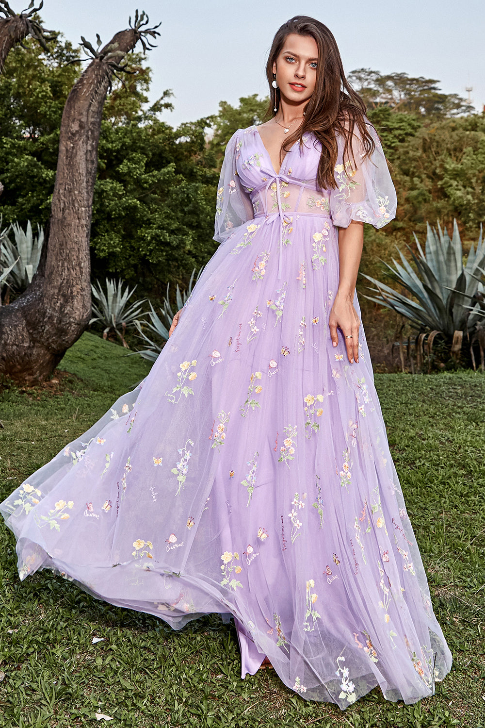 Wedtrend Women Long Prom Dress Lavender V-neck Short Sleeves A