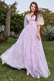 Lavender A-Line V-Neck Embroidery Floor Length Prom Dress with Short Sleeves