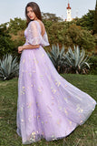 Lavender A-Line V-Neck Embroidery Floor Length Party Dress with Short Sleeves