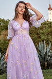 Lavender A-Line V-Neck Embroidery Floor Length Prom Dress with Short Sleeves