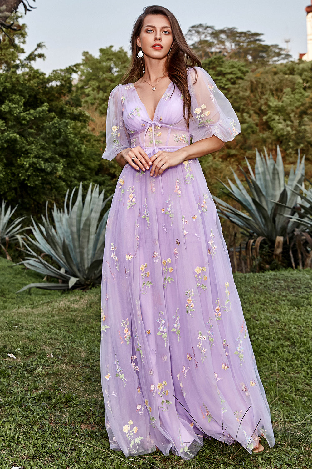 Wedtrend Women Lavender Prom Dress A-Line V-Neck Embroidery Long Formal Dress with Short Sleeves WEDTREND Wedtrend Women Lavender Prom Dress A-Line V-Neck Embroidery Long Formal Dress with Short Sleeves WEDTREND