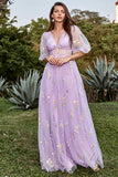 Lavender A-Line V-Neck Embroidery Floor Length Prom Dress with Short Sleeves