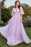 Lavender A-Line V-Neck Embroidery Floor Length Prom Dress with Short Sleeves