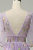 Lavender A-Line V-Neck Embroidery Long Prom Dress with Short Sleeves