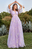 Lavender A-Line V-Neck Embroidery Floor Length Prom Dress with Short Sleeves