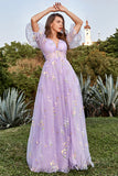 Lavender A-Line V-Neck Embroidery Floor Length Party Dress with Short Sleeves