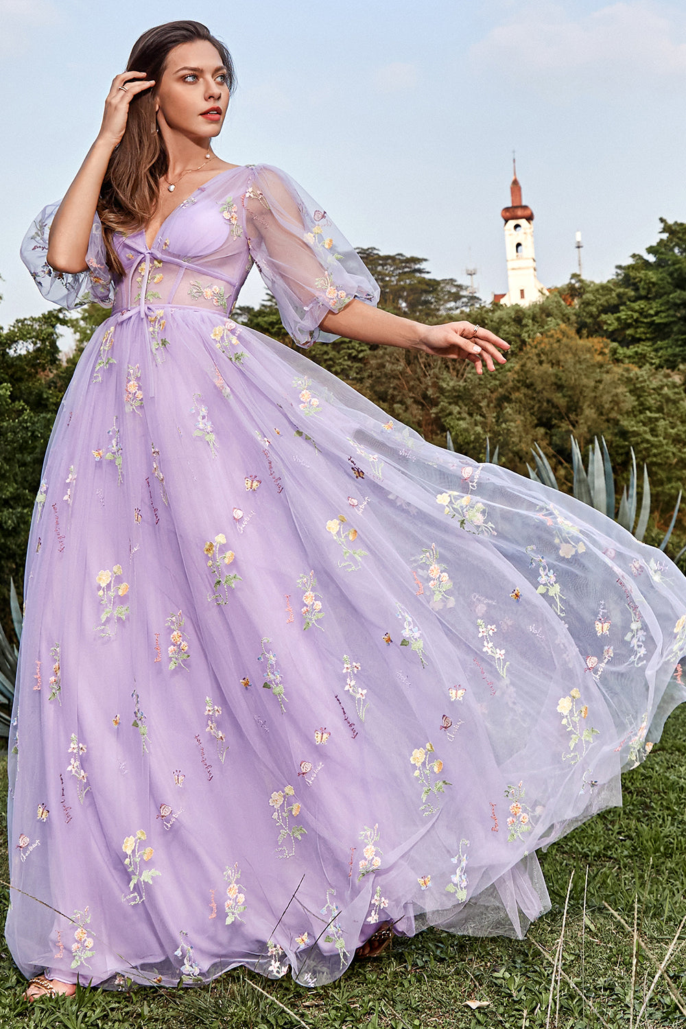 women's lavender dress Wedtrend Women Lavender Prom Dress A-Line V-Neck Embroidery Long Formal Dress with Short Sleeves – WEDTREND